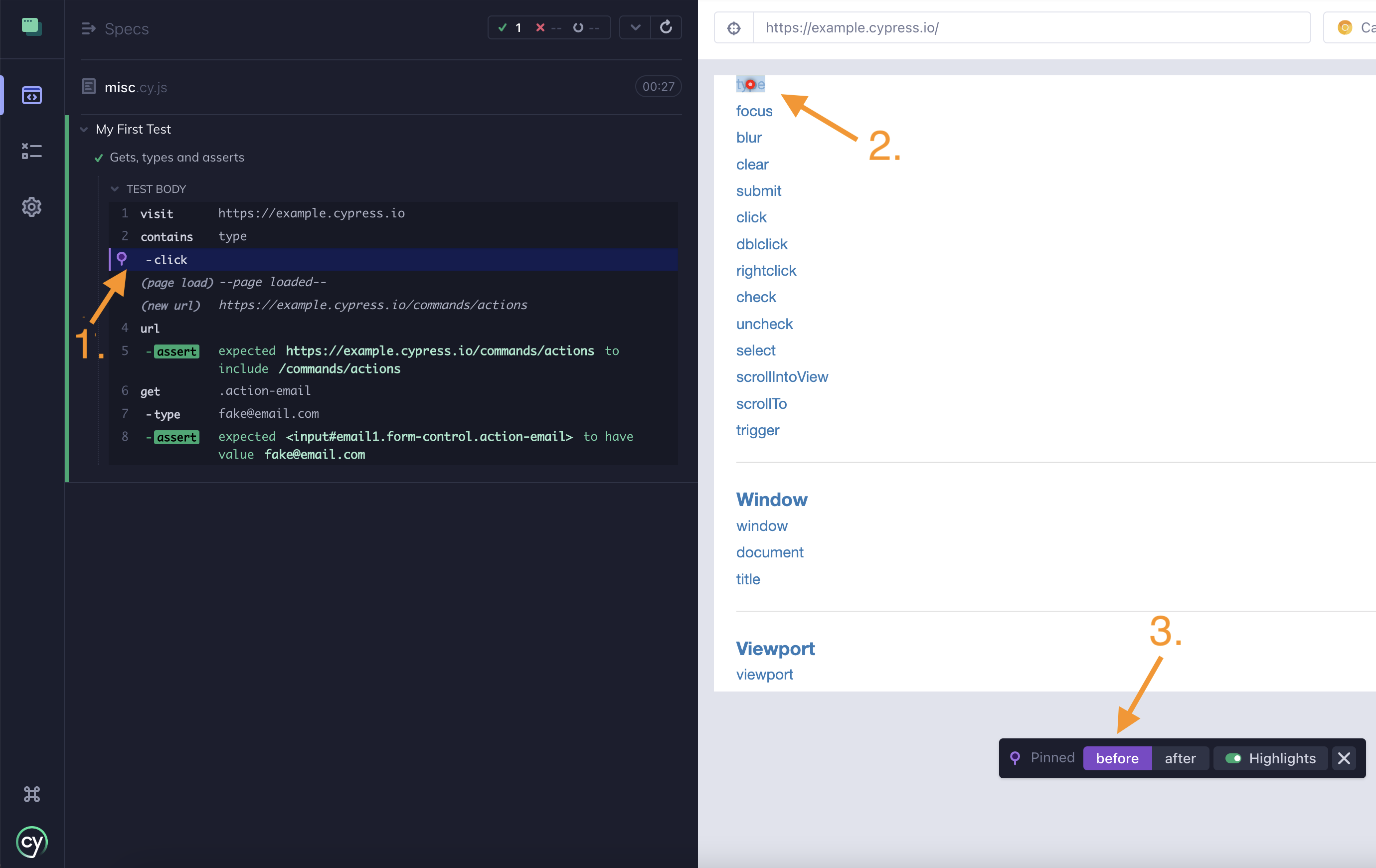 A click on the click command in the Command Log with Cypress app labeled as 1, 2, 3